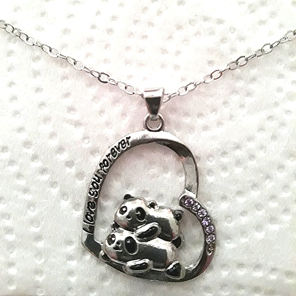 Elegant Silver CZ Panda Bear "I Love You Forever" inscription Necklace NEW - Picture 1 of 5